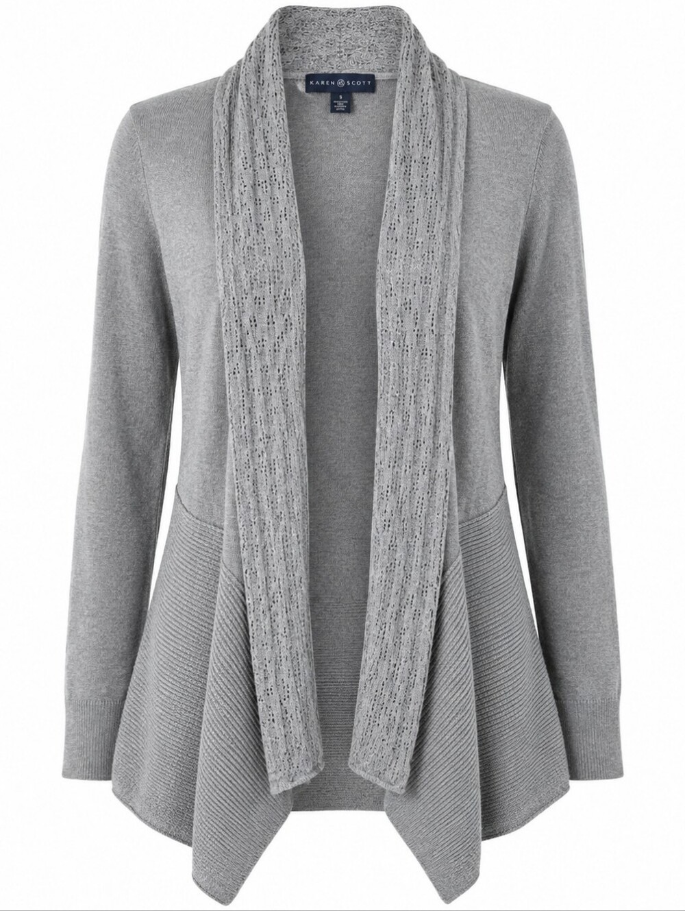 Karen Scott Gray Open Front Draped Cardigan Sweater Knit S Neutral Workwear